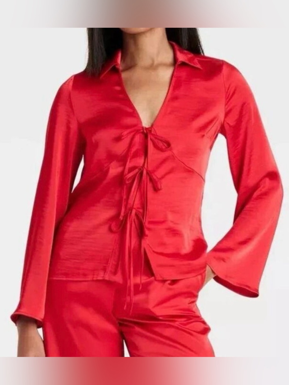 Red Long Sleeve Smooth Tie-Front Blouse